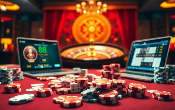 Experience the thrill of gambling at LC88 link with poker chips and a roulette wheel.