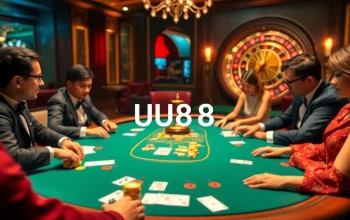 Exciting poker action at a lavish casino table featuring UU88 branding in the digital interface.