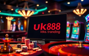 Engaging scene of online gambling on https://uk88.trading/ with casino elements like poker chips and roulette.